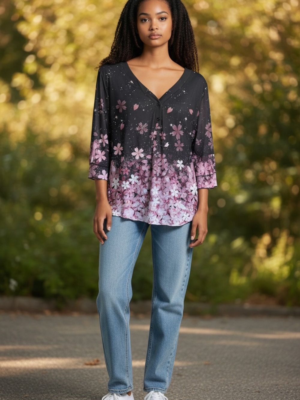 Floral Ombre V-Neck Blouse in Black and Pink. Women’s Size Large